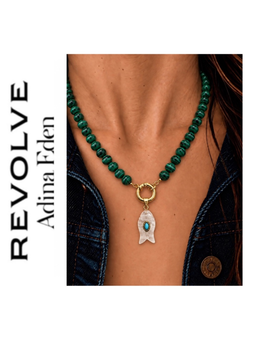 Adina Eden Malachite Beaded Clicker Necklace with Carved White Quartz Fish